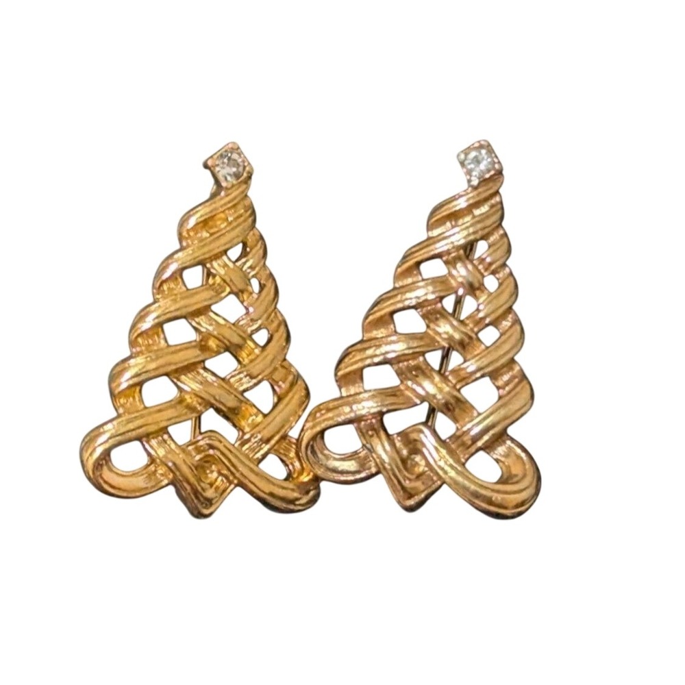Vintage Avon Gold tone Christmas‎ Tree Brooch Set With Rhinestones